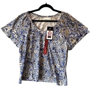 Rafaella Women's Knit Top Blue Paisley Size XL Short‎ Double Sleeve MSRP: $44